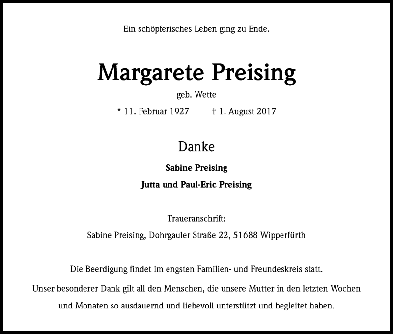  Traueranzeige für Margarete Preising vom 05.08.2017 aus Kölner Stadt-Anzeiger / Kölnische Rundschau / Express