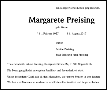 Anzeige von Margarete Preising von Kölner Stadt-Anzeiger / Kölnische Rundschau / Express
