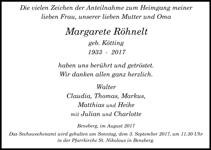 Traueranzeige für Margarete Röhnelt vom 26.08.2017 aus Kölner Stadt-Anzeiger / Kölnische Rundschau / Express