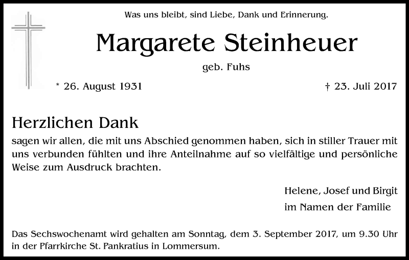  Traueranzeige für Margarete Steinheuer vom 26.08.2017 aus Kölner Stadt-Anzeiger / Kölnische Rundschau / Express