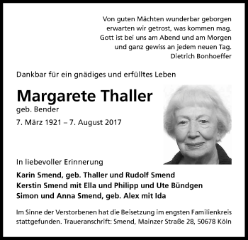 Anzeige von Margarete Thaller von Kölner Stadt-Anzeiger / Kölnische Rundschau / Express