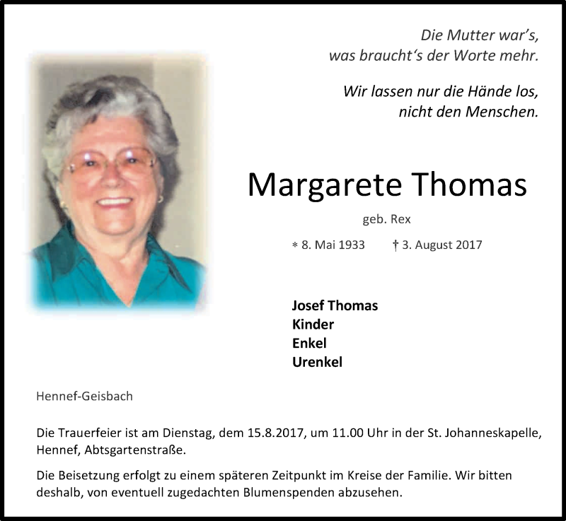  Traueranzeige für Margarete Thomas vom 09.08.2017 aus Kölner Stadt-Anzeiger / Kölnische Rundschau / Express