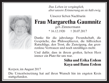 Anzeige von Margaretha Gaumnitz von  Werbepost 