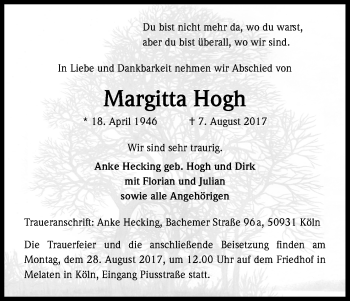 Anzeige von Margitta Hogh von Kölner Stadt-Anzeiger / Kölnische Rundschau / Express