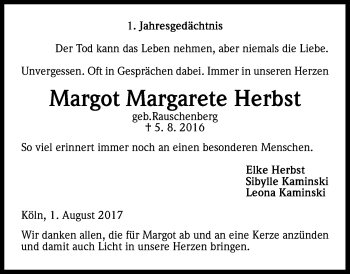 Anzeige von Margot Margarete Herbst von Kölner Stadt-Anzeiger / Kölnische Rundschau / Express