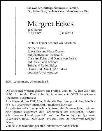 Anzeige von Margret Eckes von Kölner Stadt-Anzeiger / Kölnische Rundschau / Express