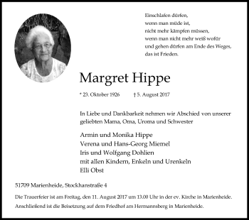 Anzeige von Margret Hippe von Kölner Stadt-Anzeiger / Kölnische Rundschau / Express