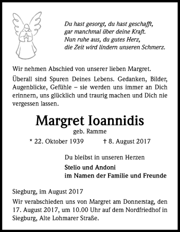 Anzeige von Margret Ioannidis von Kölner Stadt-Anzeiger / Kölnische Rundschau / Express