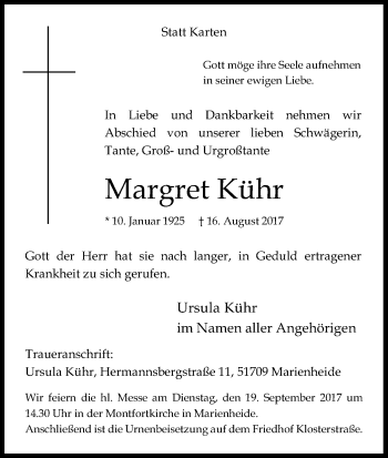 Anzeige von Margret Kühr von Kölner Stadt-Anzeiger / Kölnische Rundschau / Express