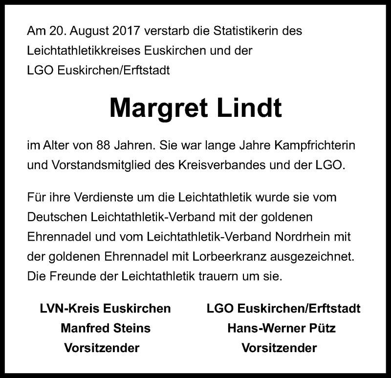  Traueranzeige für Margret Lindt vom 24.08.2017 aus Kölner Stadt-Anzeiger / Kölnische Rundschau / Express