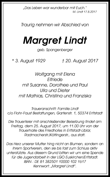 Anzeige von Margret Lindt von Kölner Stadt-Anzeiger / Kölnische Rundschau / Express