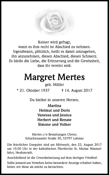 Anzeige von Margret Mertes von Kölner Stadt-Anzeiger / Kölnische Rundschau / Express