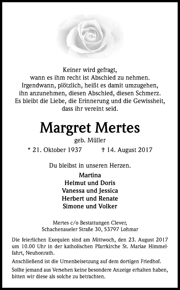  Traueranzeige für Margret Mertes vom 19.08.2017 aus Kölner Stadt-Anzeiger / Kölnische Rundschau / Express