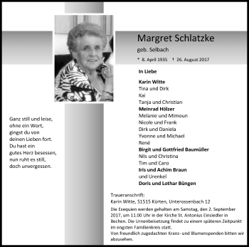 Anzeige von Margret Schlatzke von Kölner Stadt-Anzeiger / Kölnische Rundschau / Express