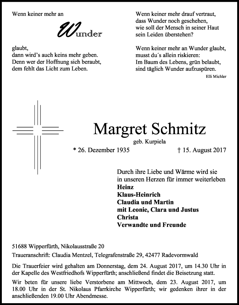  Traueranzeige für Margret Schmitz vom 21.08.2017 aus Kölner Stadt-Anzeiger / Kölnische Rundschau / Express