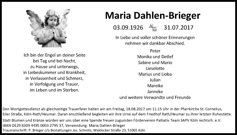  Traueranzeige für Maria Dahlen-Brieger vom 12.08.2017 aus Kölner Stadt-Anzeiger / Kölnische Rundschau / Express