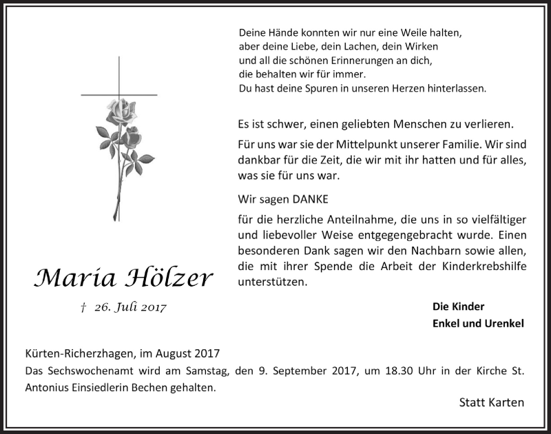  Traueranzeige für Maria Hölzer vom 30.08.2017 aus  Bergisches Handelsblatt 