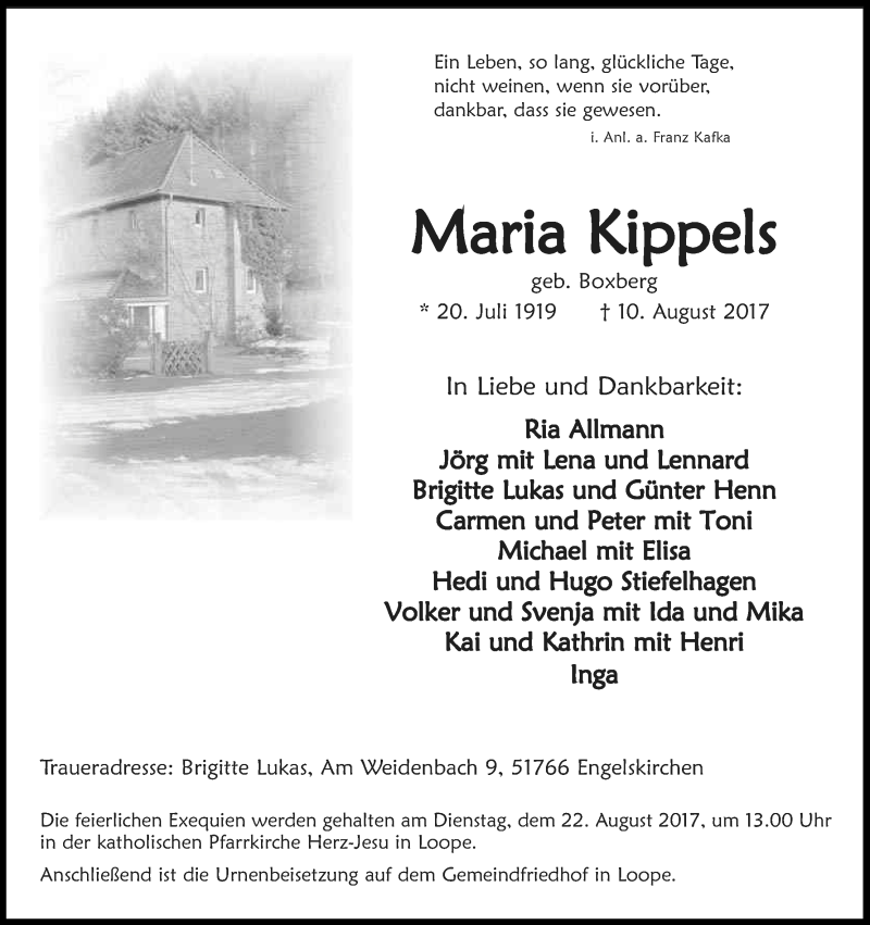  Traueranzeige für Maria Kippels vom 15.08.2017 aus Kölner Stadt-Anzeiger / Kölnische Rundschau / Express