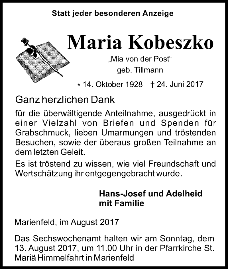  Traueranzeige für Maria Kobeszko vom 04.08.2017 aus Kölner Stadt-Anzeiger / Kölnische Rundschau / Express