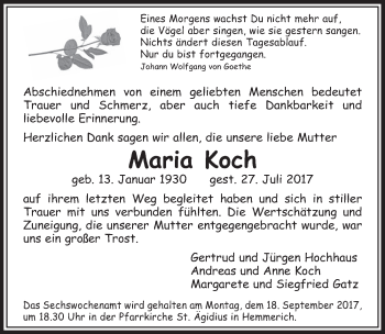 Anzeige von Maria Koch von  Schlossbote/Werbekurier 