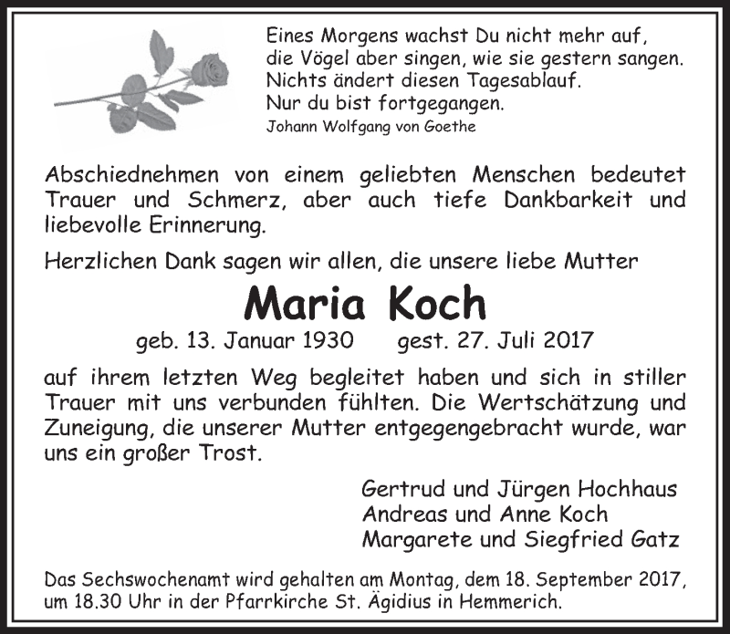  Traueranzeige für Maria Koch vom 23.08.2017 aus  Schlossbote/Werbekurier 