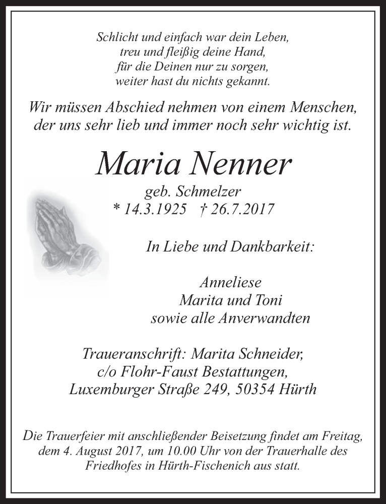  Traueranzeige für Maria Nenner vom 02.08.2017 aus  Wochenende 