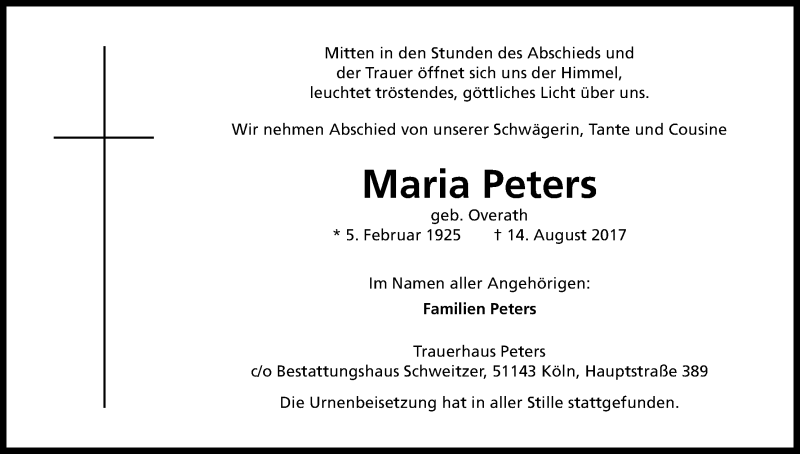  Traueranzeige für Maria Peters vom 31.08.2017 aus Kölner Stadt-Anzeiger / Kölnische Rundschau / Express
