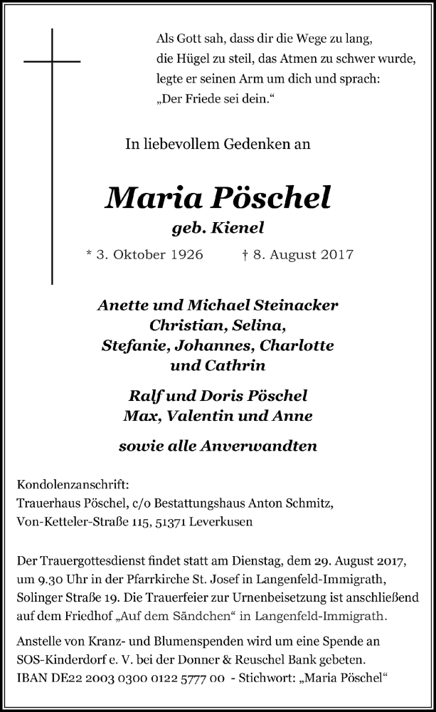  Traueranzeige für Maria Pöschel vom 23.08.2017 aus  Lokale Informationen 