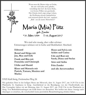 Anzeige von Maria Pütz von Kölner Stadt-Anzeiger / Kölnische Rundschau / Express