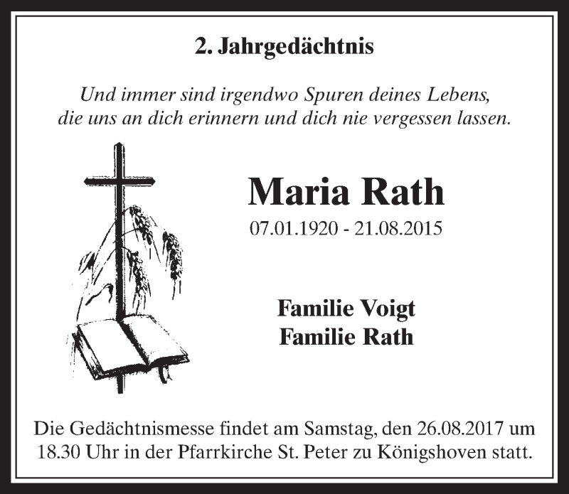  Traueranzeige für Maria Rath vom 16.08.2017 aus  Werbepost 