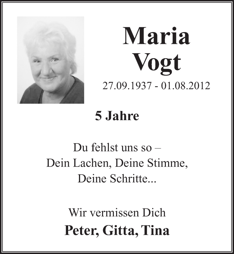  Traueranzeige für Maria Vogt vom 02.08.2017 aus  Extra Blatt 