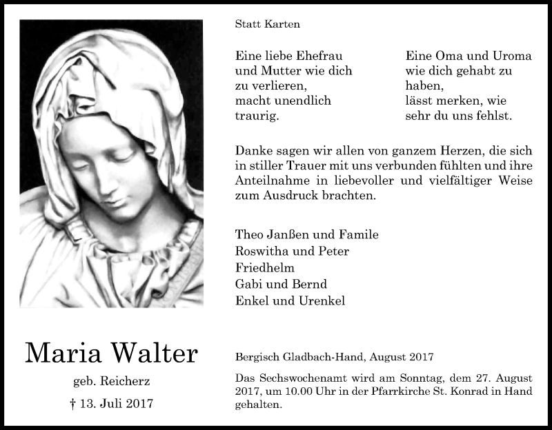  Traueranzeige für Maria Walter vom 19.08.2017 aus Kölner Stadt-Anzeiger / Kölnische Rundschau / Express