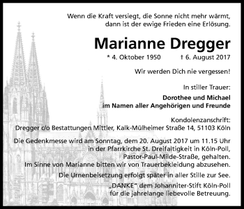 Anzeige von Marianne Dregger von Kölner Stadt-Anzeiger / Kölnische Rundschau / Express