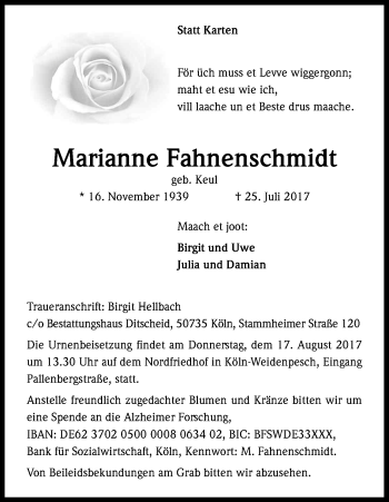 Anzeige von Marianne Fahnenschmidt von Kölner Stadt-Anzeiger / Kölnische Rundschau / Express