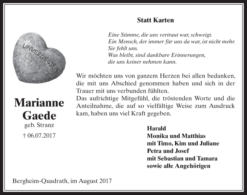  Traueranzeige für Marianne Gaede vom 02.08.2017 aus  Werbepost 