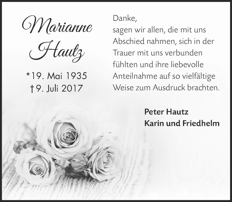  Traueranzeige für Marianne Hautz vom 26.08.2017 aus  Blickpunkt Euskirchen 