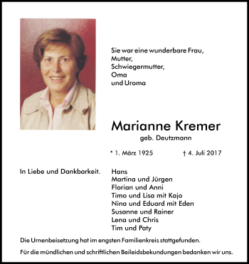 Anzeige von Marianne Kremer von Kölner Stadt-Anzeiger / Kölnische Rundschau / Express