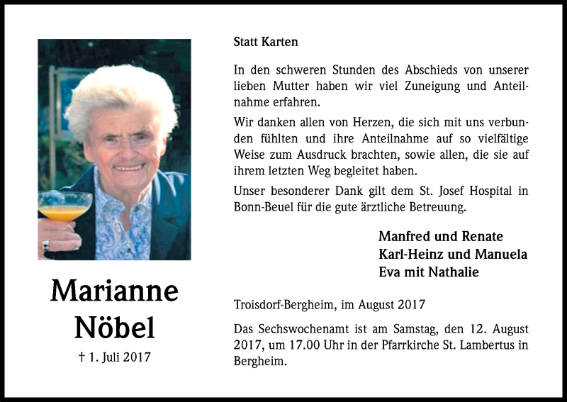  Traueranzeige für Marianne Nöbel vom 05.08.2017 aus Kölner Stadt-Anzeiger / Kölnische Rundschau / Express