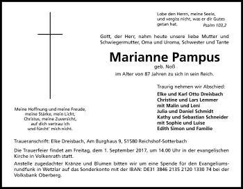 Anzeige von Marianne Pampus von Kölner Stadt-Anzeiger / Kölnische Rundschau / Express