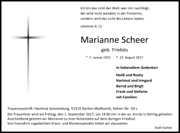 Anzeige von Marianne Scheer von Kölner Stadt-Anzeiger / Kölnische Rundschau / Express
