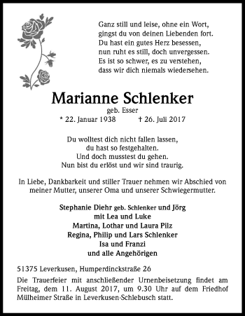 Anzeige von Marianne Schlenker von Kölner Stadt-Anzeiger / Kölnische Rundschau / Express