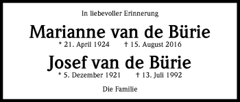 Anzeige von Marianne und Jan van de Bürie von Kölner Stadt-Anzeiger / Kölnische Rundschau / Express