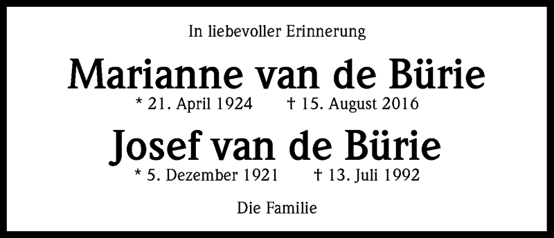  Traueranzeige für Marianne und Jan van de Bürie vom 12.08.2017 aus Kölner Stadt-Anzeiger / Kölnische Rundschau / Express