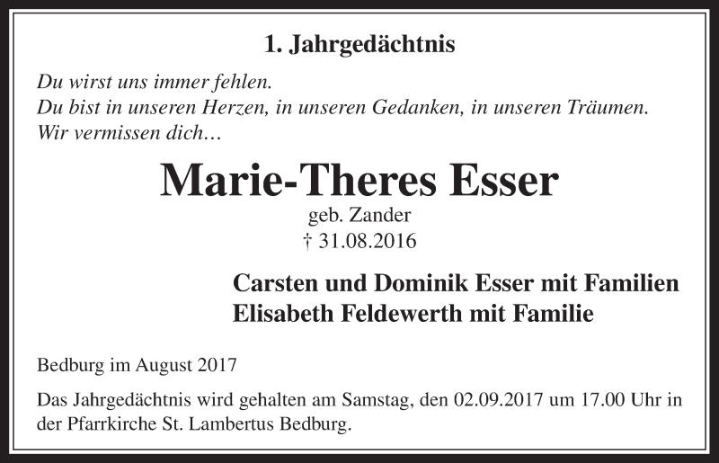 Traueranzeige für Marie-Theres Esser vom 30.08.2017 aus  Werbepost 