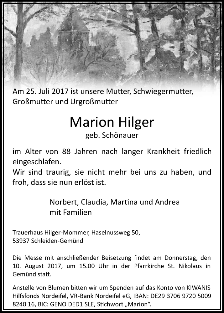  Traueranzeige für Marion Hilger vom 05.08.2017 aus Kölner Stadt-Anzeiger / Kölnische Rundschau / Express