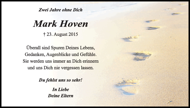  Traueranzeige für Mark Hoven vom 23.08.2017 aus Kölner Stadt-Anzeiger / Kölnische Rundschau / Express
