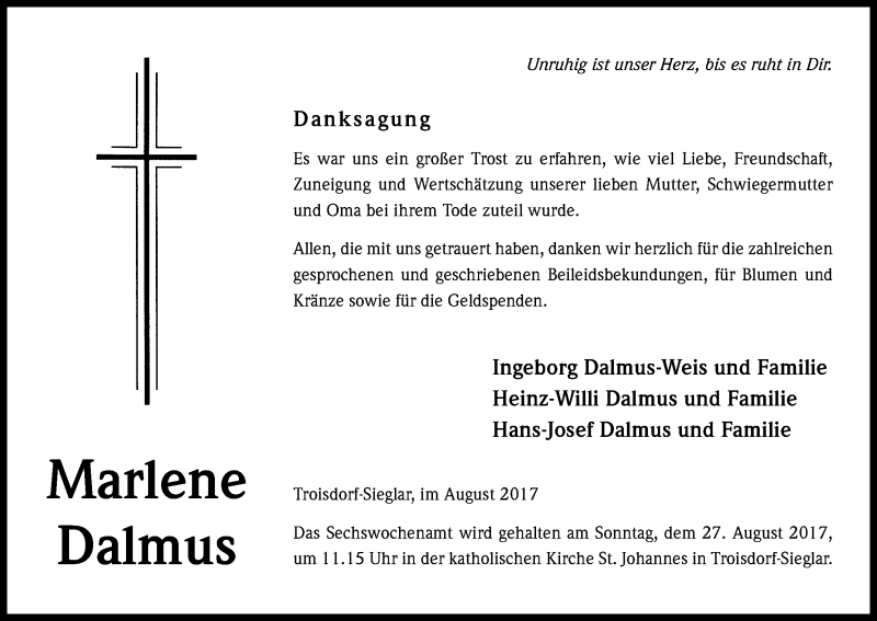  Traueranzeige für Marlene Dalmus vom 19.08.2017 aus Kölner Stadt-Anzeiger / Kölnische Rundschau / Express