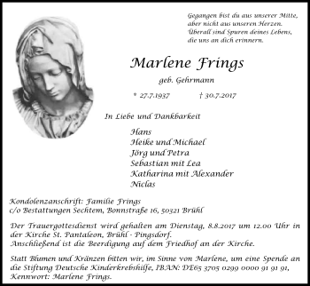 Anzeige von Marlene Frings von Kölner Stadt-Anzeiger / Kölnische Rundschau / Express