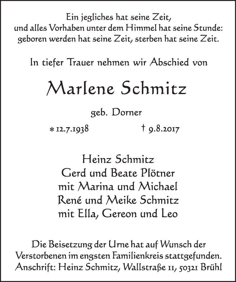  Traueranzeige für Marlene Schmitz vom 23.08.2017 aus  Schlossbote/Werbekurier 