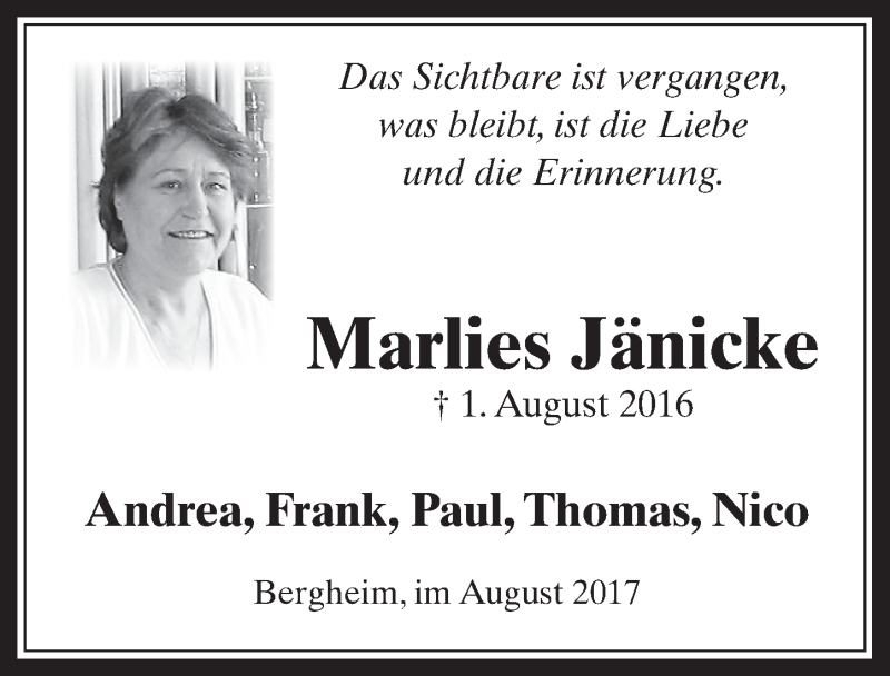  Traueranzeige für Marlies Jänicke vom 02.08.2017 aus  Werbepost 